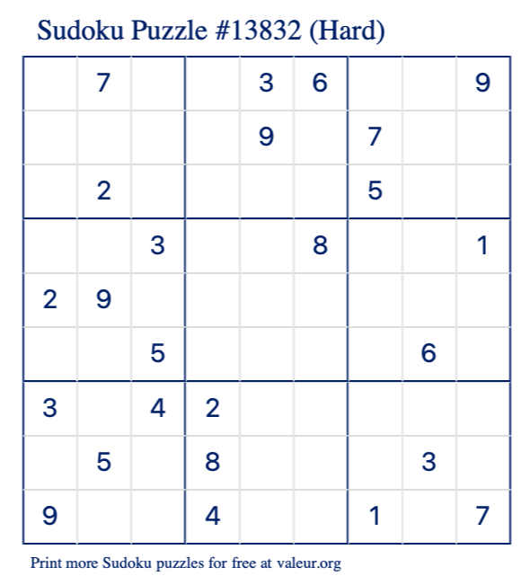 Free Printable Hard Sudoku Puzzle number 13832