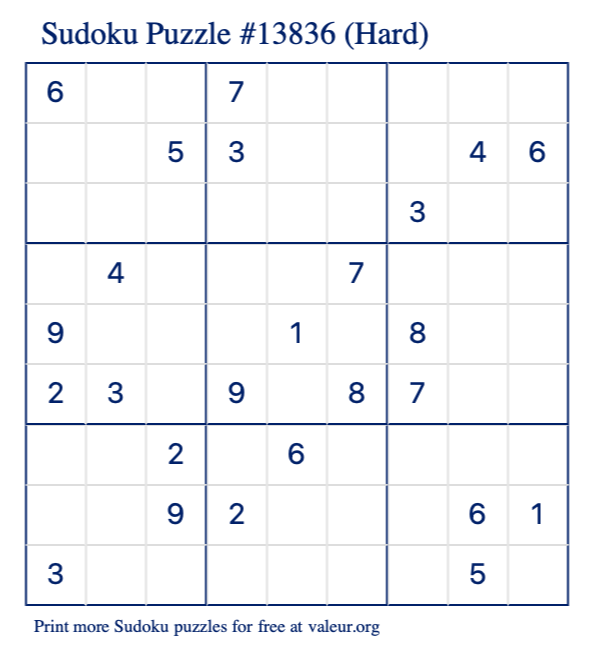Free Printable Hard Sudoku Puzzle number 13836