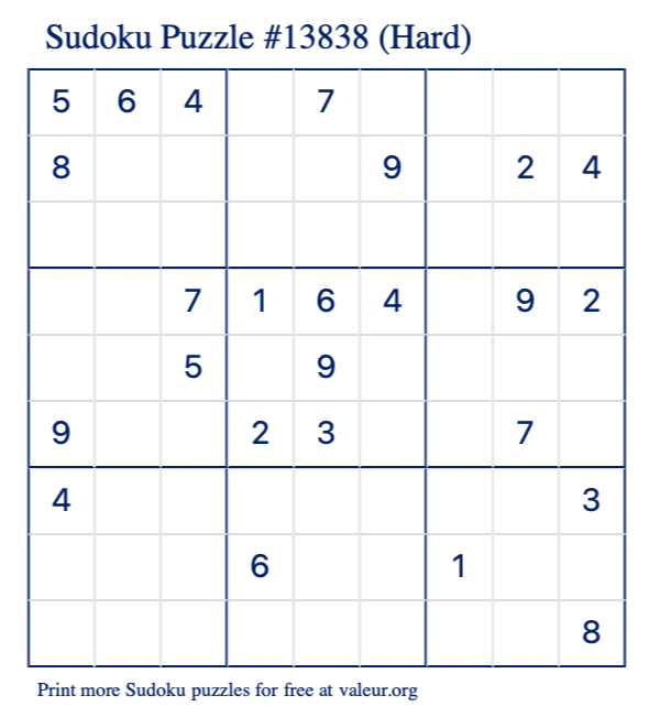 Free Printable Hard Sudoku Puzzle number 13838