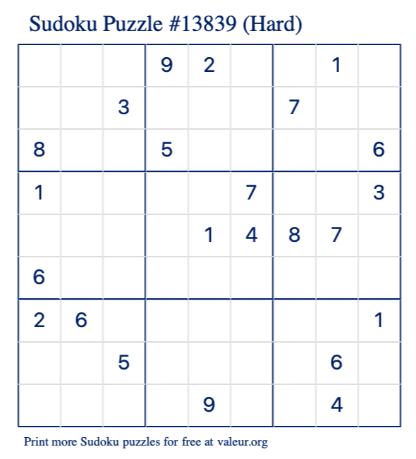 Free Printable Hard Sudoku Puzzle number 13839