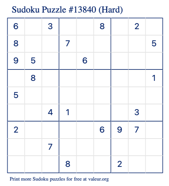 Free Printable Hard Sudoku Puzzle number 13840