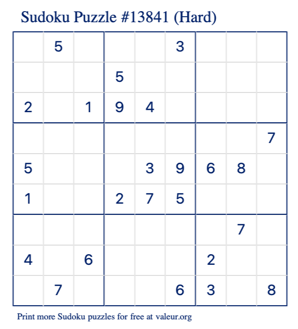 Free Printable Hard Sudoku Puzzle number 13841