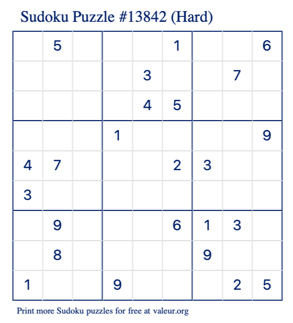 Free Printable Hard Sudoku Puzzle number 13842