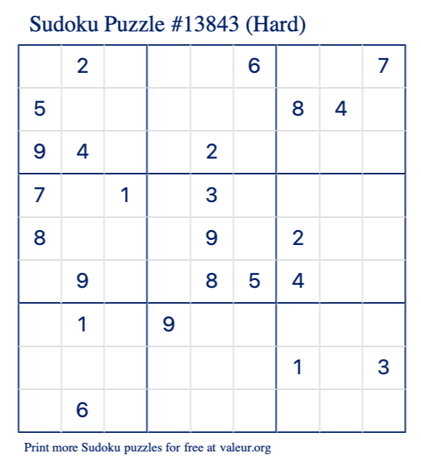 Free Printable Hard Sudoku Puzzle number 13843