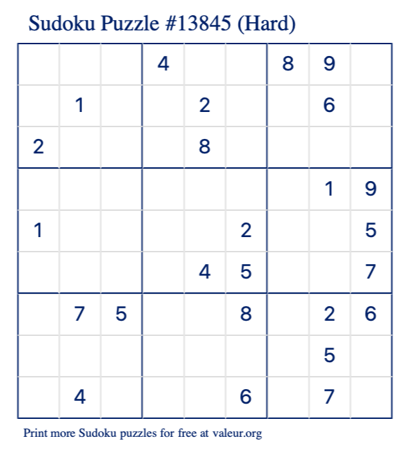 Free Printable Hard Sudoku Puzzle number 13845