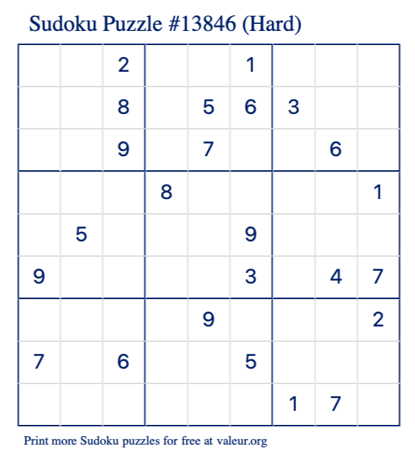 Free Printable Hard Sudoku Puzzle number 13846