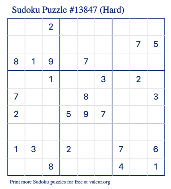 Free Printable Hard Sudoku Puzzle number 13847