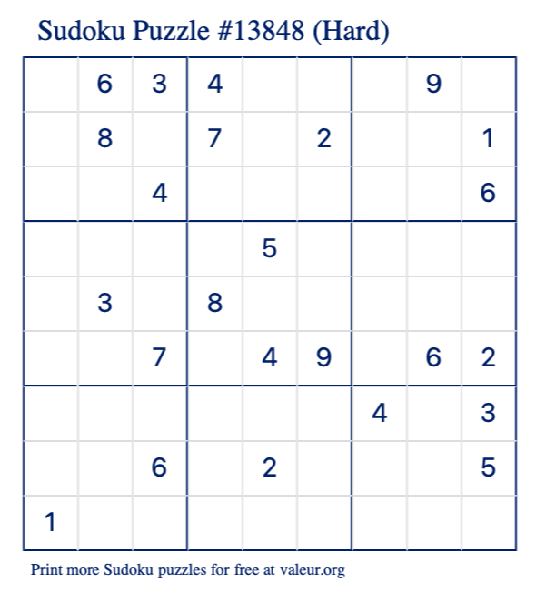 Free Printable Hard Sudoku Puzzle number 13848
