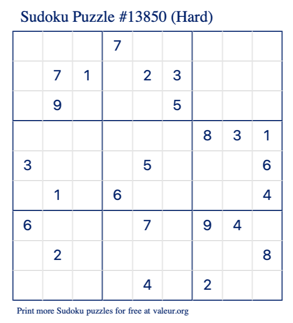 Free Printable Hard Sudoku Puzzle number 13850