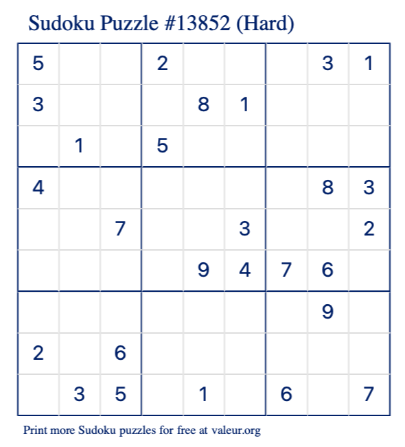 Free Printable Hard Sudoku Puzzle number 13852