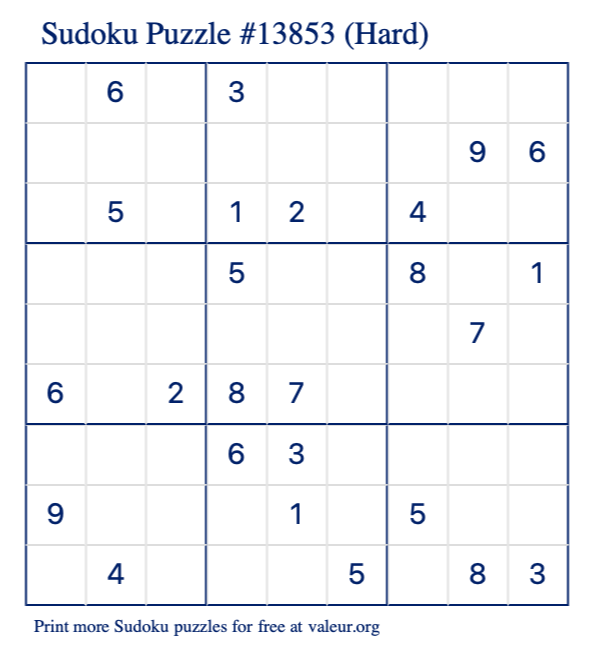 Free Printable Hard Sudoku Puzzle number 13853