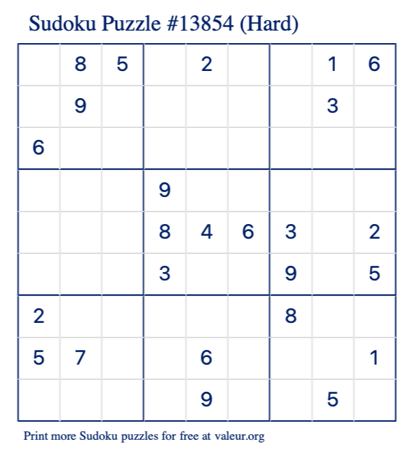Free Printable Hard Sudoku Puzzle number 13854