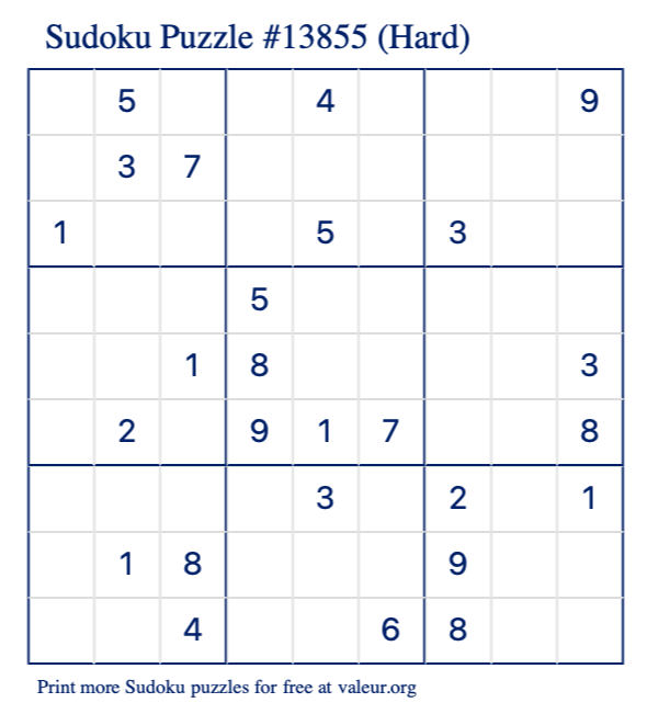 Free Printable Hard Sudoku Puzzle number 13855