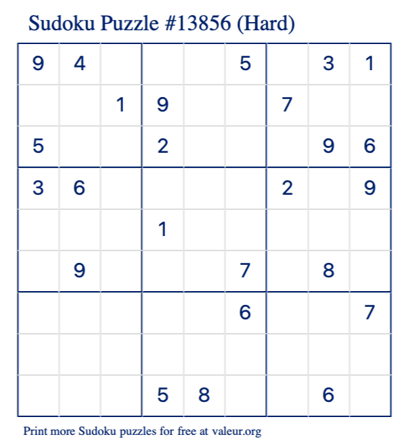 Free Printable Hard Sudoku Puzzle number 13856