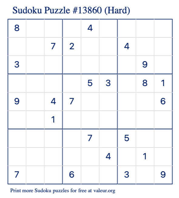 Free Printable Hard Sudoku Puzzle number 13860