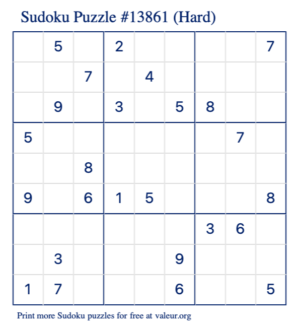 Free Printable Hard Sudoku Puzzle number 13861