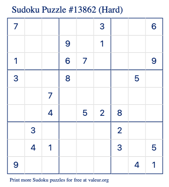 Free Printable Hard Sudoku Puzzle number 13862