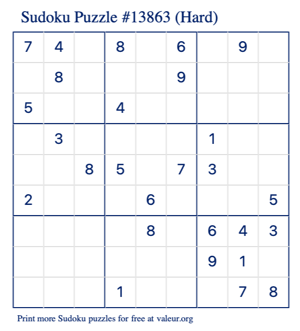 Free Printable Hard Sudoku Puzzle number 13863