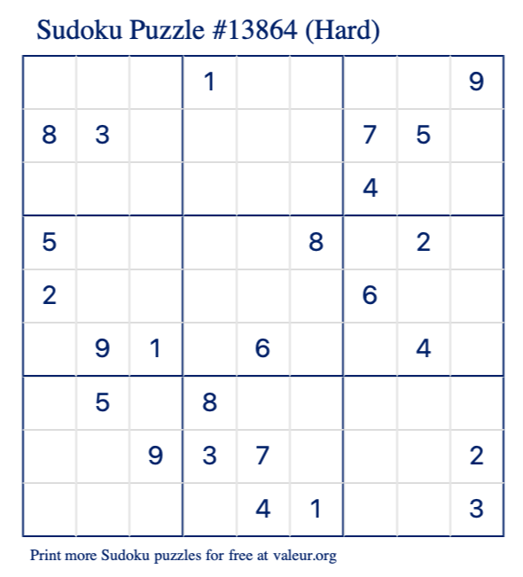 Free Printable Hard Sudoku Puzzle number 13864