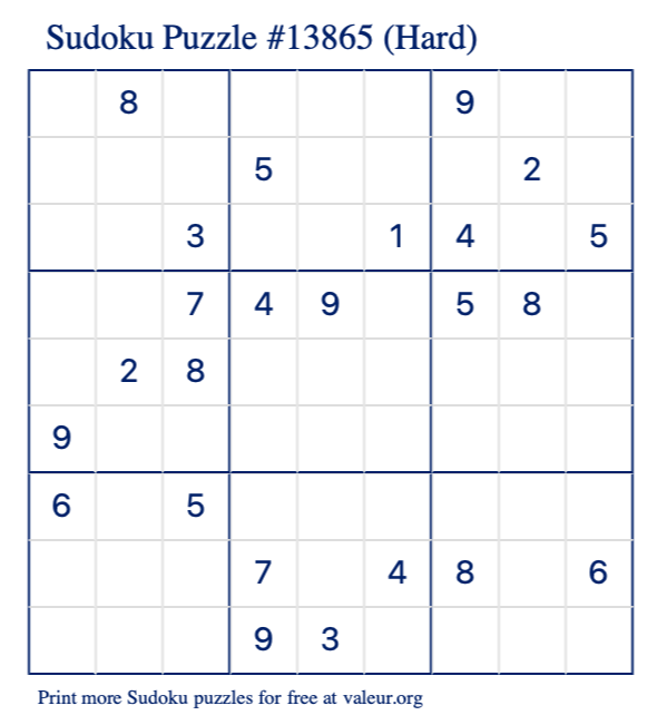 Free Printable Hard Sudoku Puzzle number 13865