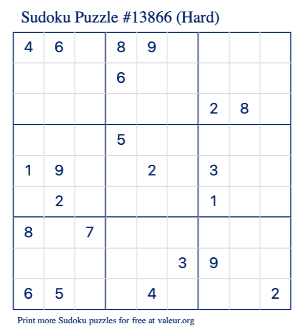 Free Printable Hard Sudoku Puzzle number 13866