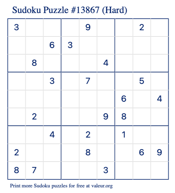 Free Printable Hard Sudoku Puzzle number 13867