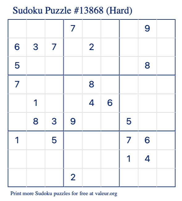 Free Printable Hard Sudoku Puzzle number 13868