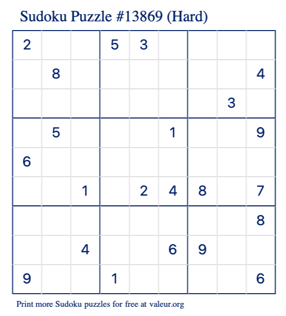 Free Printable Hard Sudoku Puzzle number 13869
