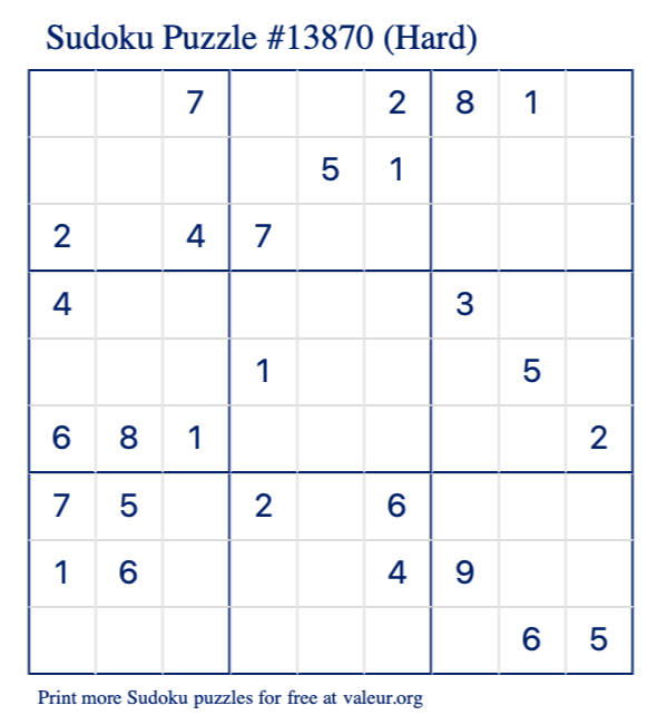 Free Printable Hard Sudoku Puzzle number 13870