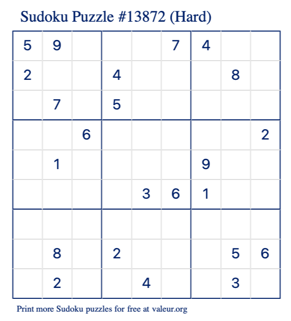 Free Printable Hard Sudoku Puzzle number 13872