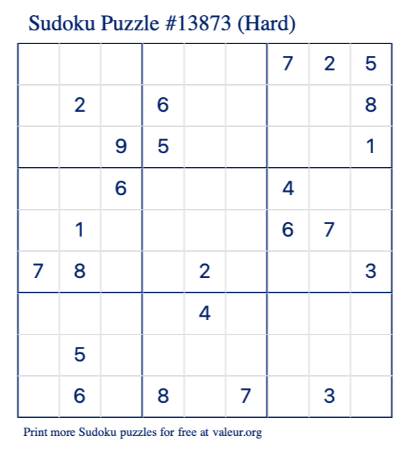 Free Printable Hard Sudoku Puzzle number 13873