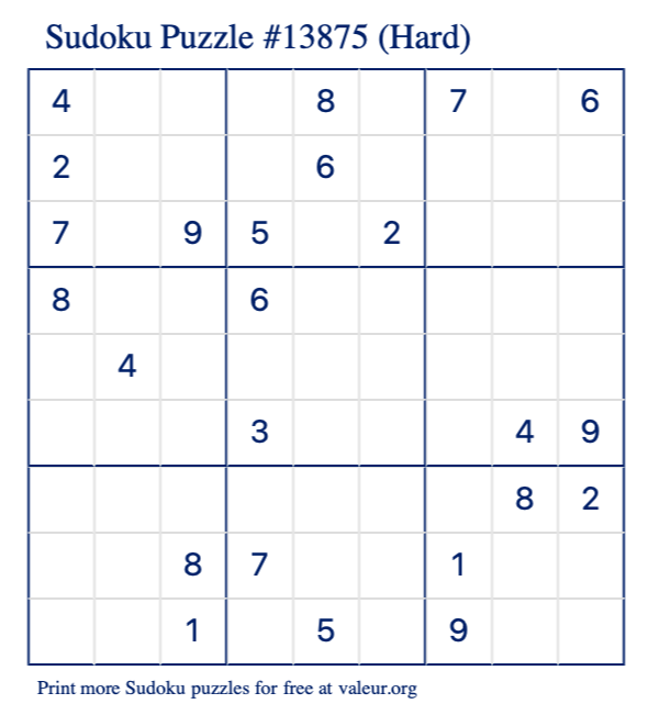 Free Printable Hard Sudoku Puzzle number 13875