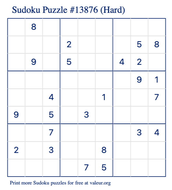 Free Printable Hard Sudoku Puzzle number 13876