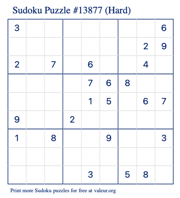 Free Printable Hard Sudoku Puzzle number 13877
