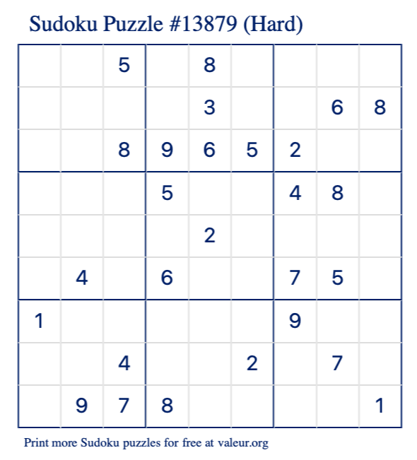 Free Printable Hard Sudoku Puzzle number 13879