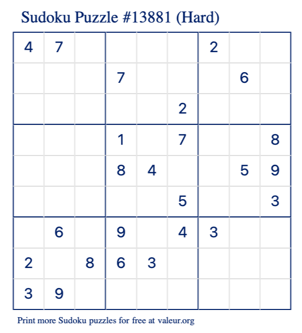 Free Printable Hard Sudoku Puzzle number 13881