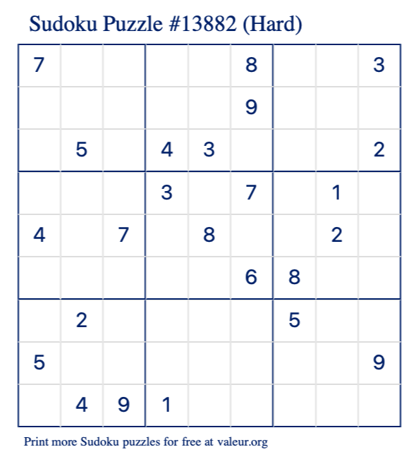 Free Printable Hard Sudoku Puzzle number 13882