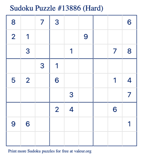 Free Printable Hard Sudoku Puzzle number 13886