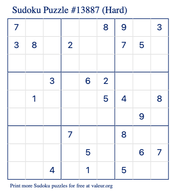 Free Printable Hard Sudoku Puzzle number 13887