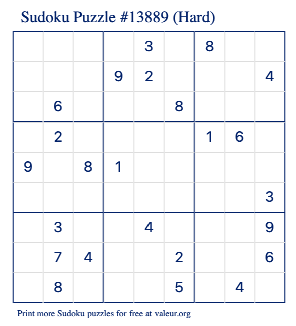 Free Printable Hard Sudoku Puzzle number 13889