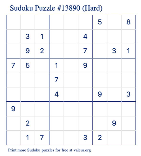 Free Printable Hard Sudoku Puzzle number 13890