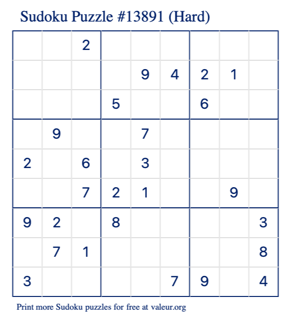 Free Printable Hard Sudoku Puzzle number 13891