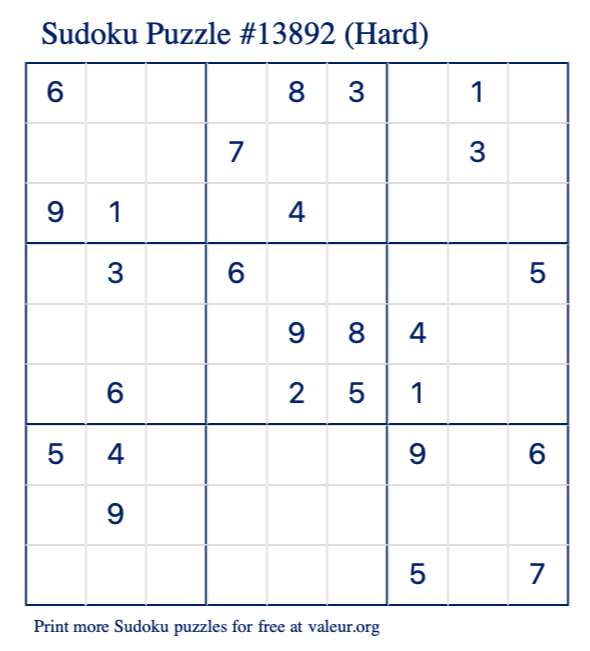 Free Printable Hard Sudoku Puzzle number 13892