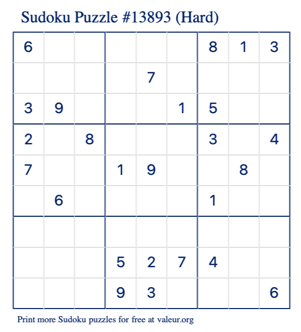 Free Printable Hard Sudoku Puzzle number 13893