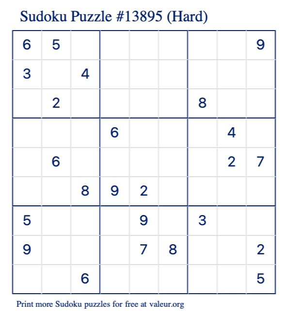 Free Printable Hard Sudoku Puzzle number 13895