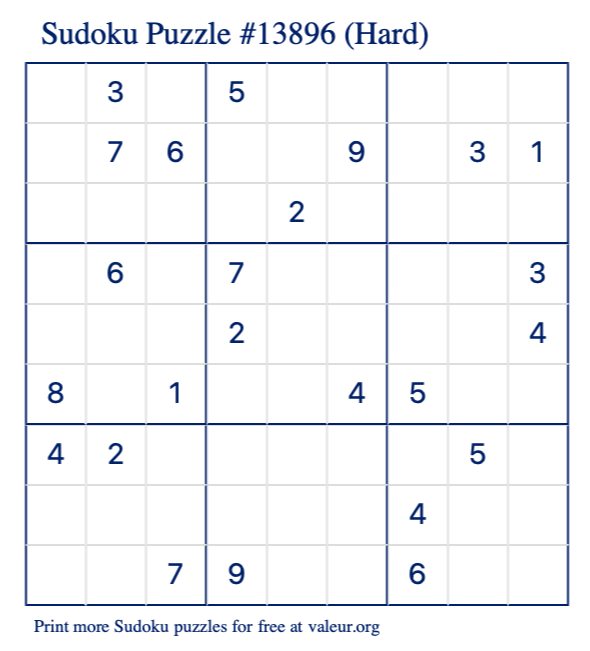 Free Printable Hard Sudoku Puzzle number 13896