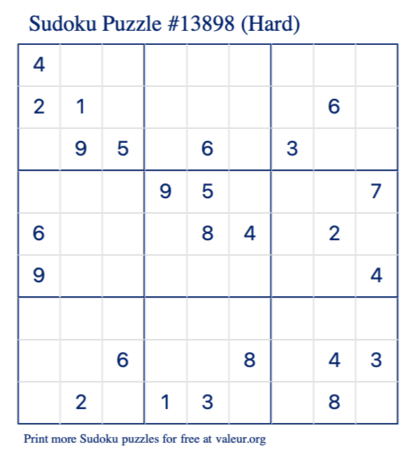 Free Printable Hard Sudoku Puzzle number 13898