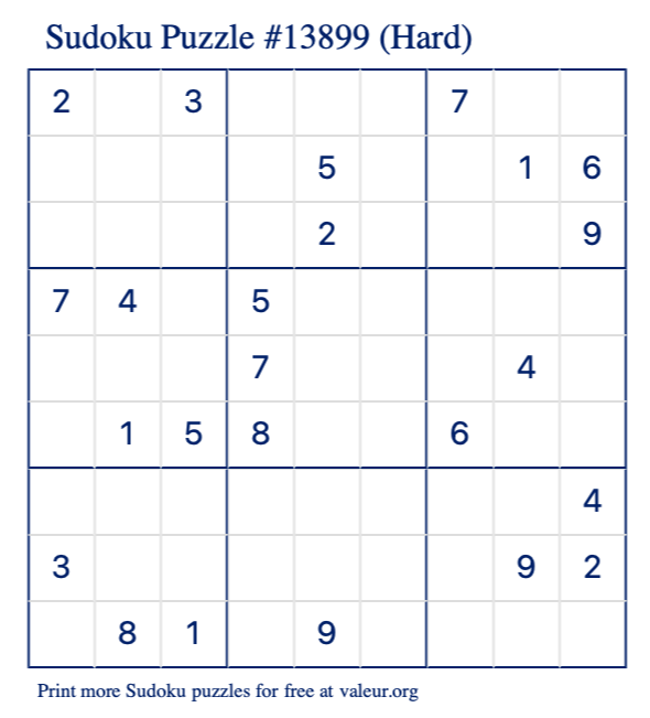 Free Printable Hard Sudoku Puzzle number 13899