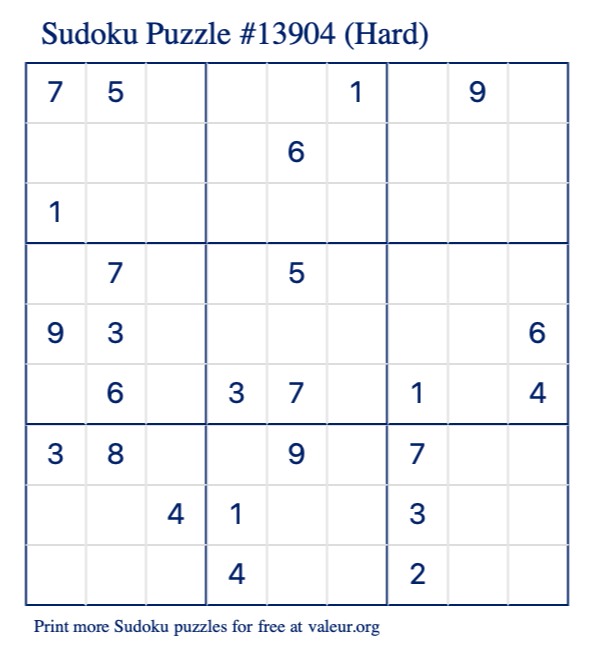 Free Printable Hard Sudoku Puzzle number 13904