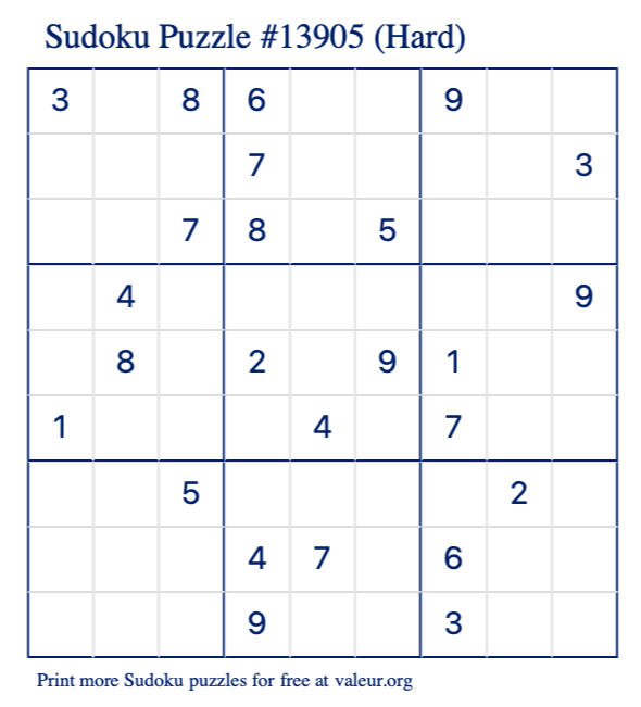 Free Printable Hard Sudoku Puzzle number 13905